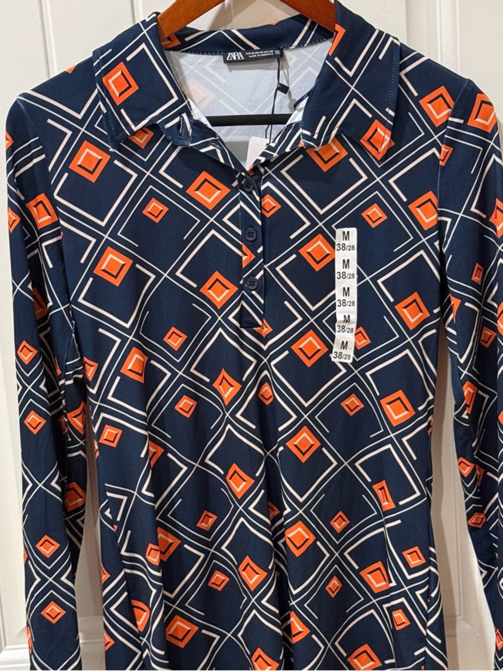 Zara Geometric Tunic Top Blue Orange Long Sleeve Collared Size M NWT
